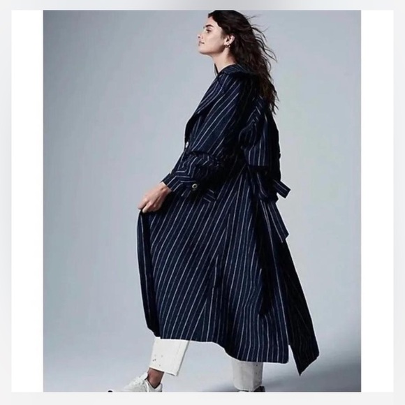 We The Free (Free People) Melia Mac Trench Coat dark navy blue & white pinstripe - Picture 1 of 8